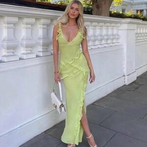 HOUSE OF CB Pixie Lime Green Ruffle Maxi Dress M